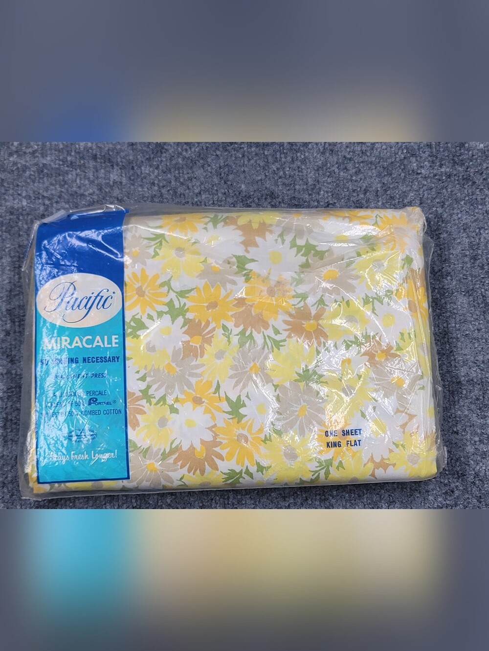 NOS Vintage 70s Pacific Miracle No-Iron King Fitted Sheet Yellow Floral Fortrel